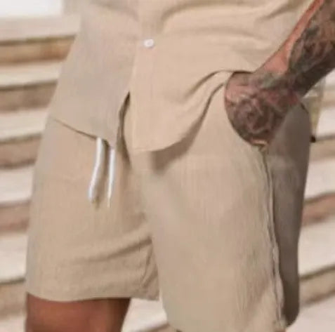 Men's striped casual short sleeve suit set with matching shorts in colour YT50313P1