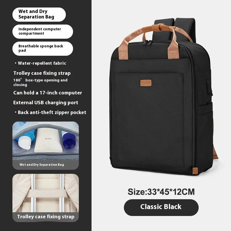 Unisex nylon backpack in black or creamy-white with curved shoulder strap and 20-35L business travel capacity