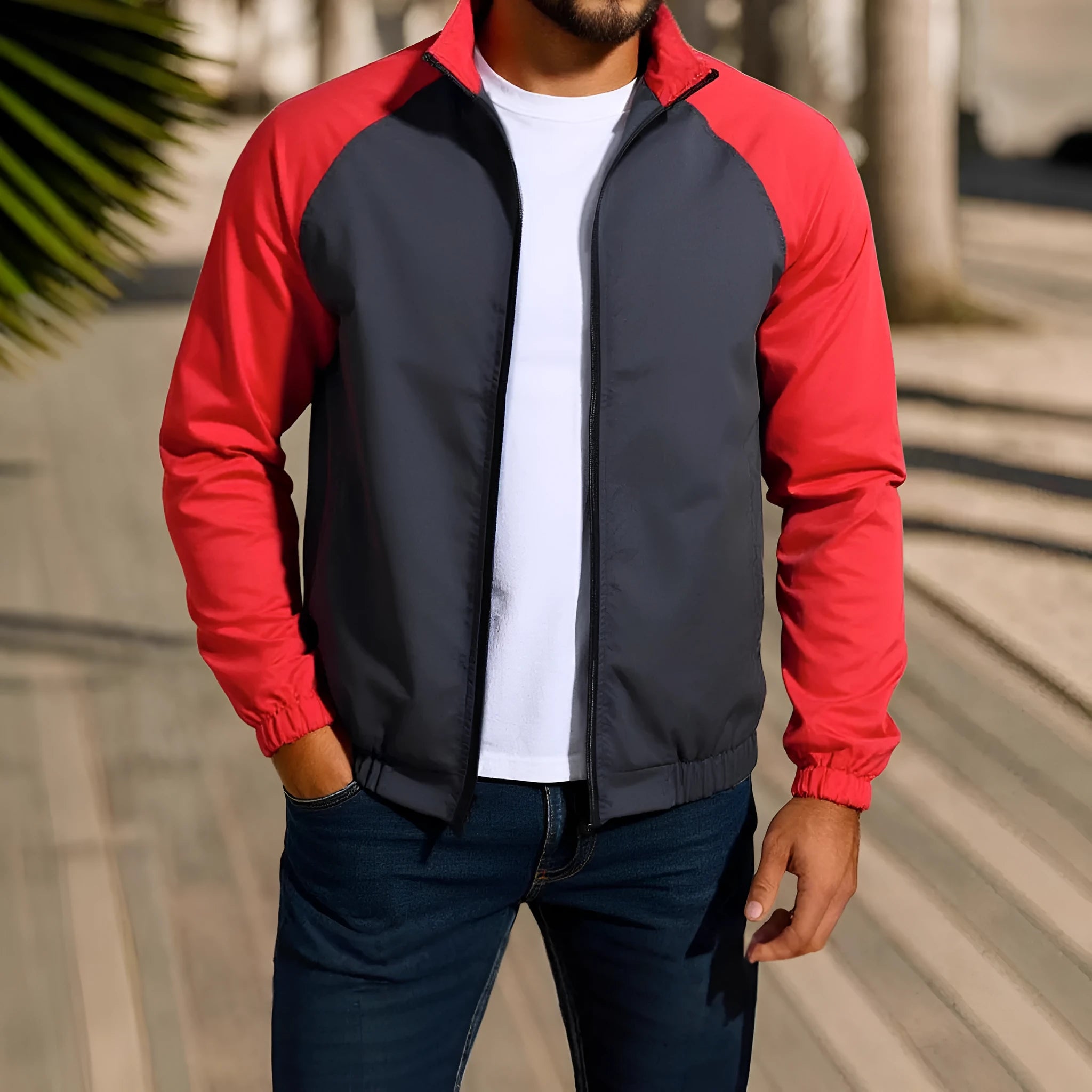 Men's loose fit casual jacket with stand collar and raglan sleeves in green, khaki, or red.