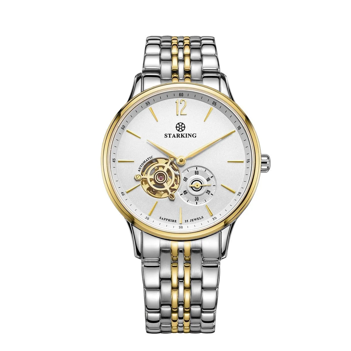 Men's automatic mechanical watch with brown leather strap and white dial on stainless steel case.
