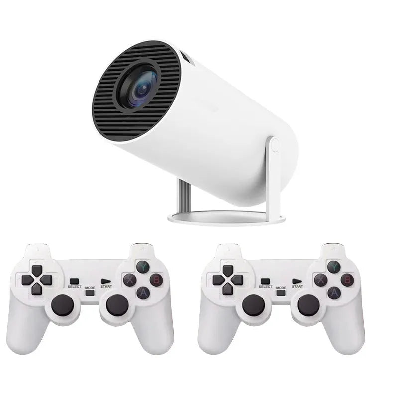 White Barrel X10 PLUS portable HD projector with remote control and gamepad on table