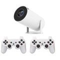White Barrel X10 PLUS portable HD projector with remote control and gamepad on table