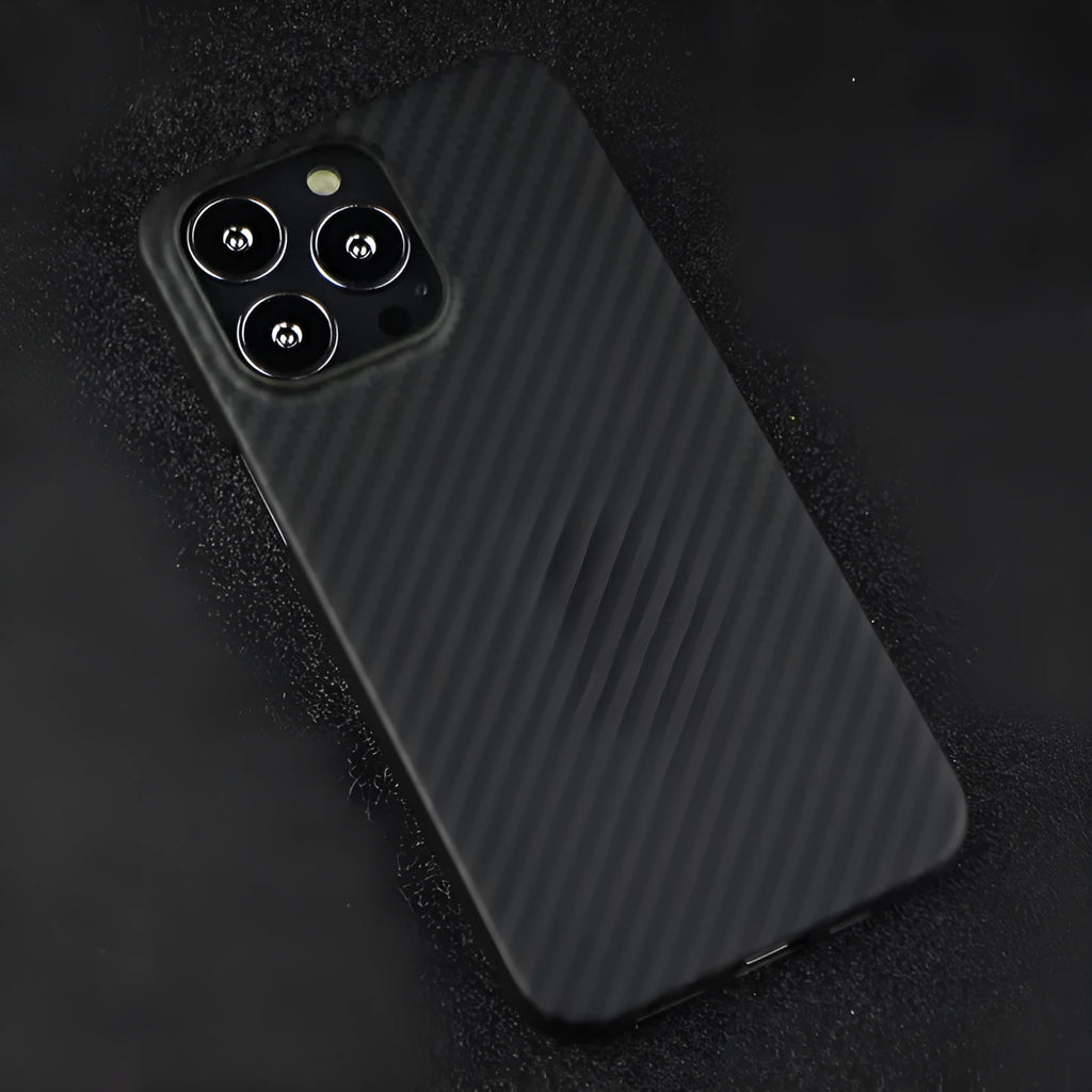 Dull Black Kevlar fibre iPhone case with Volcanic Crater texture, shown from the back.