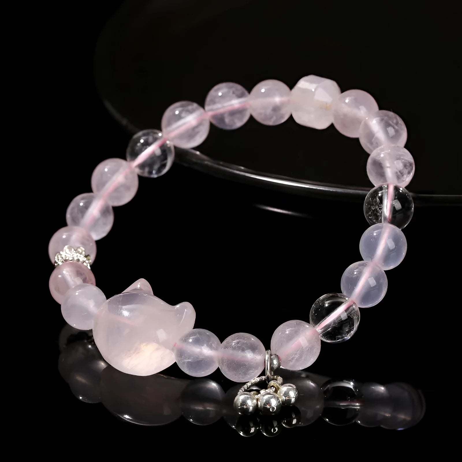 Women's handcrafted natural crystal bracelet with cat head charm and gemstone beads