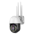 Outdoor dome security camera with 360-degree rotation on a wall mount.