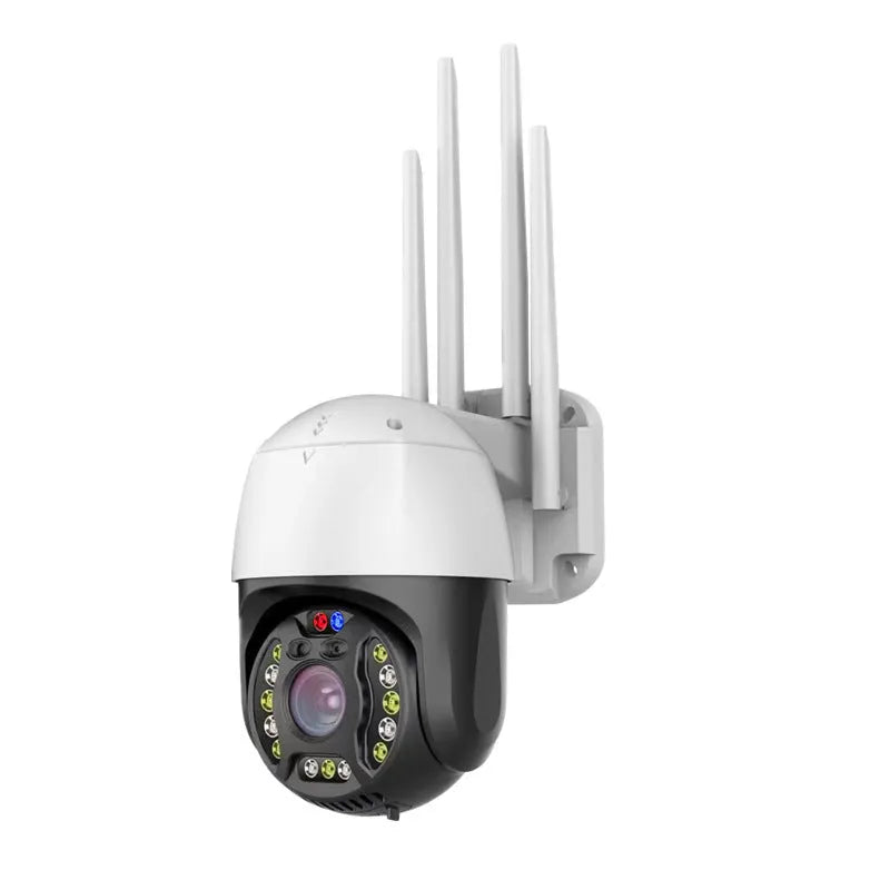 Outdoor dome security camera with 360-degree rotation on a wall mount.