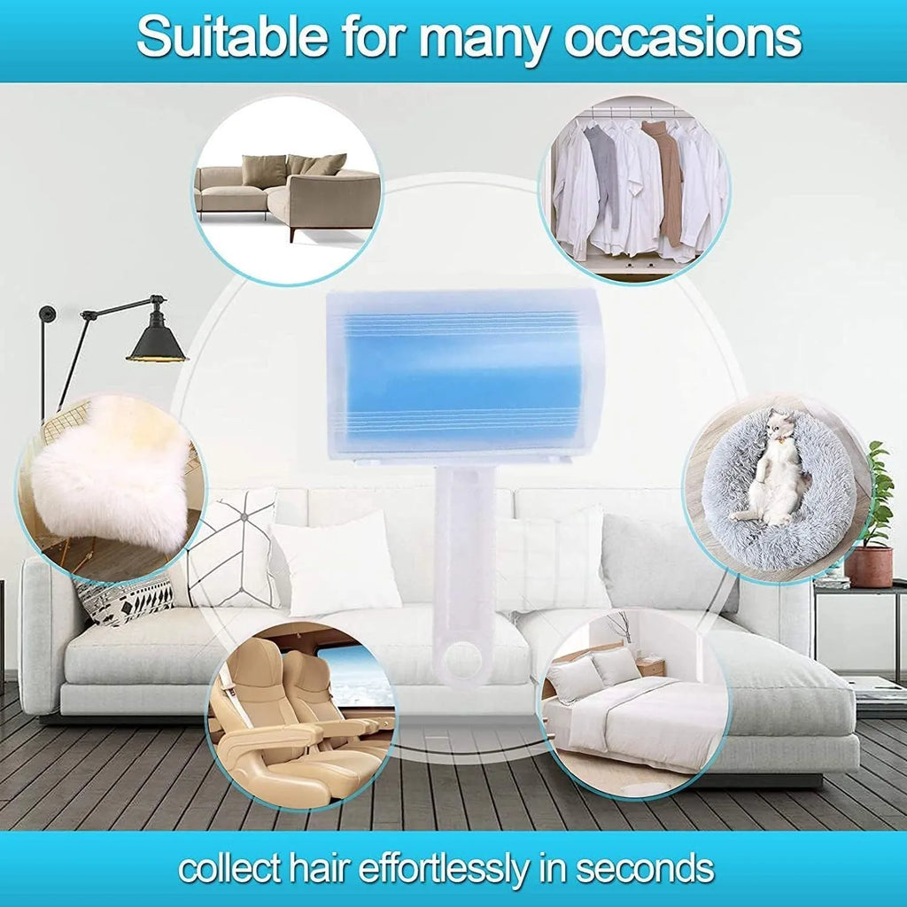 Blue reusable washable lint roller with cover for removing pet hair from clothes and sofas.