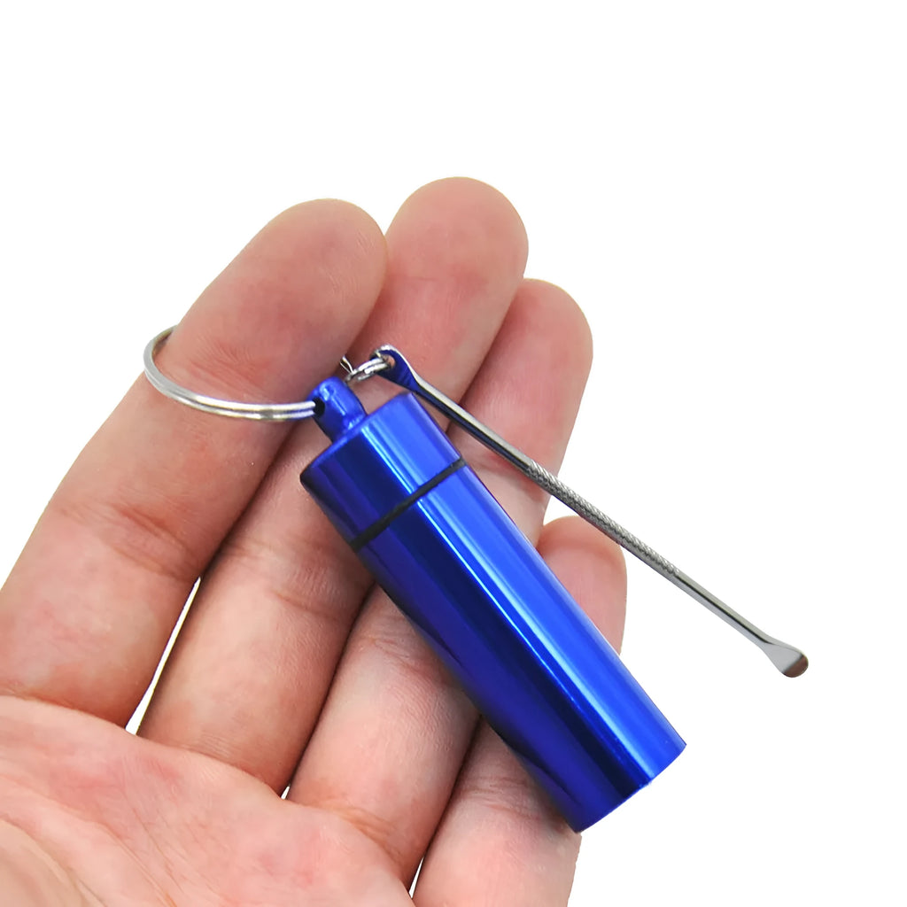 Aluminium portable medicine storage bottle with keychain and spoon in multiple colour options.
