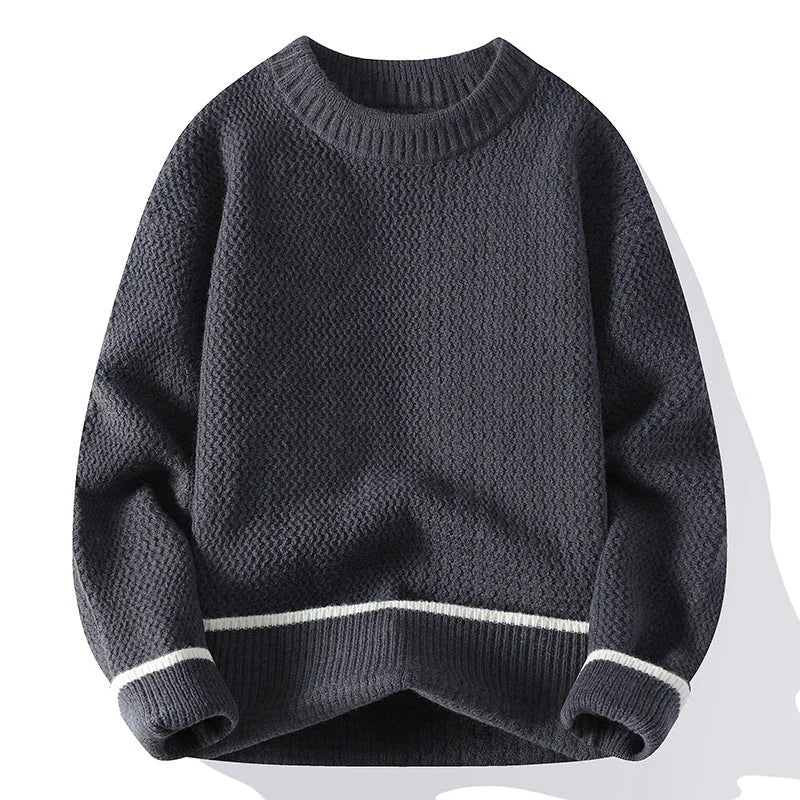 Men's grey round neck pullover sweater with loose fit long sleeves