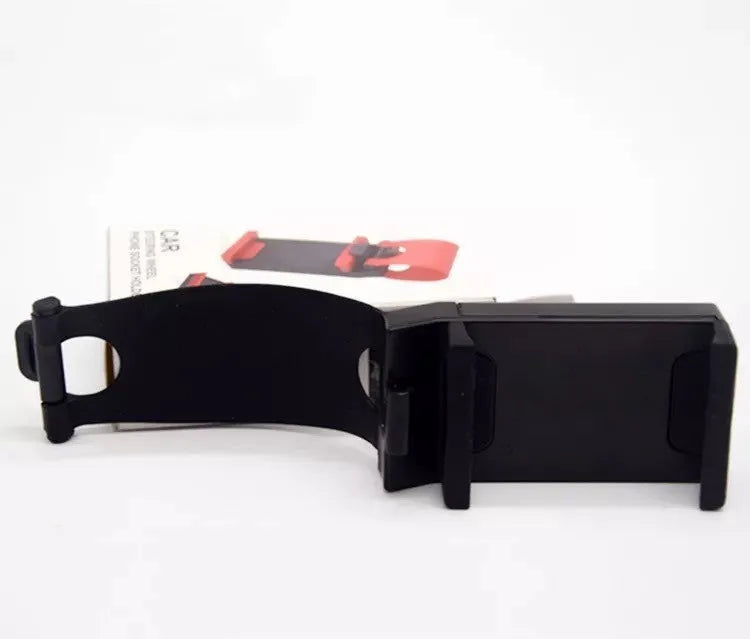 Car steering wheel phone holder in five colour options showing compact ABS plastic construction