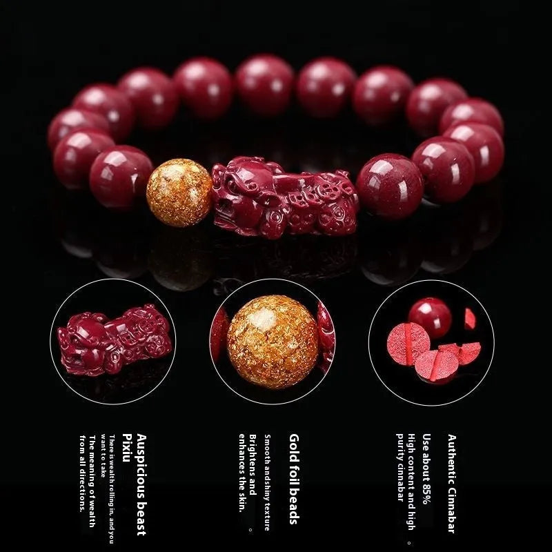Polished cinnabar and Purple Gold Sandstone bracelet with totem design on wrist.
