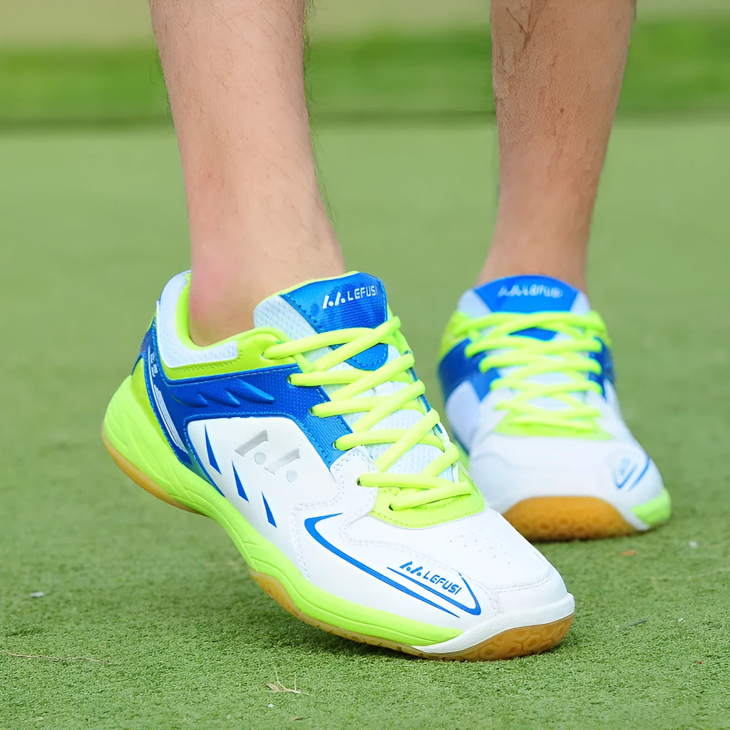 Casual multicolor low top badminton shoes in green with MD sole and mesh lining