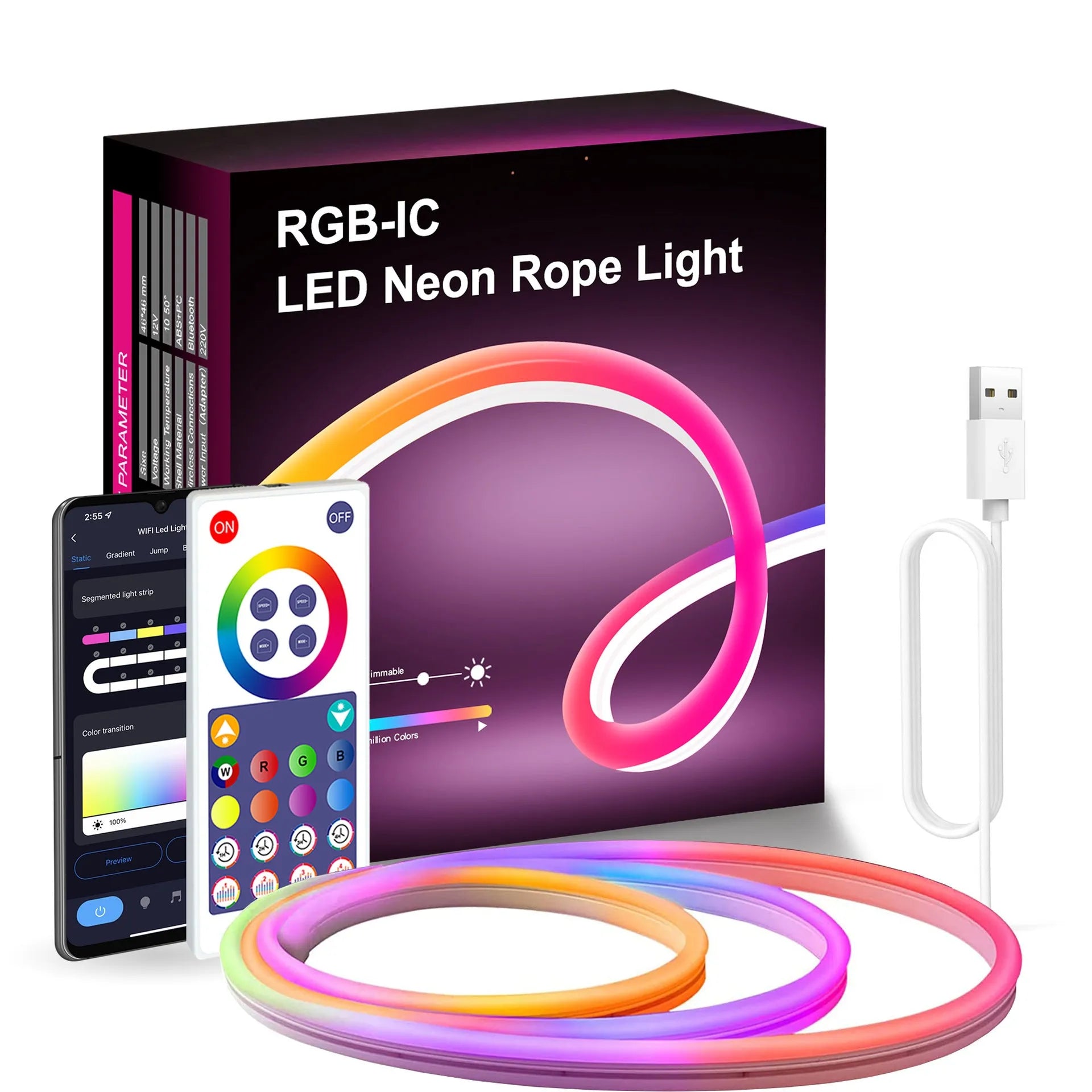 3 metre RGB LED neon light strip with remote control on white background