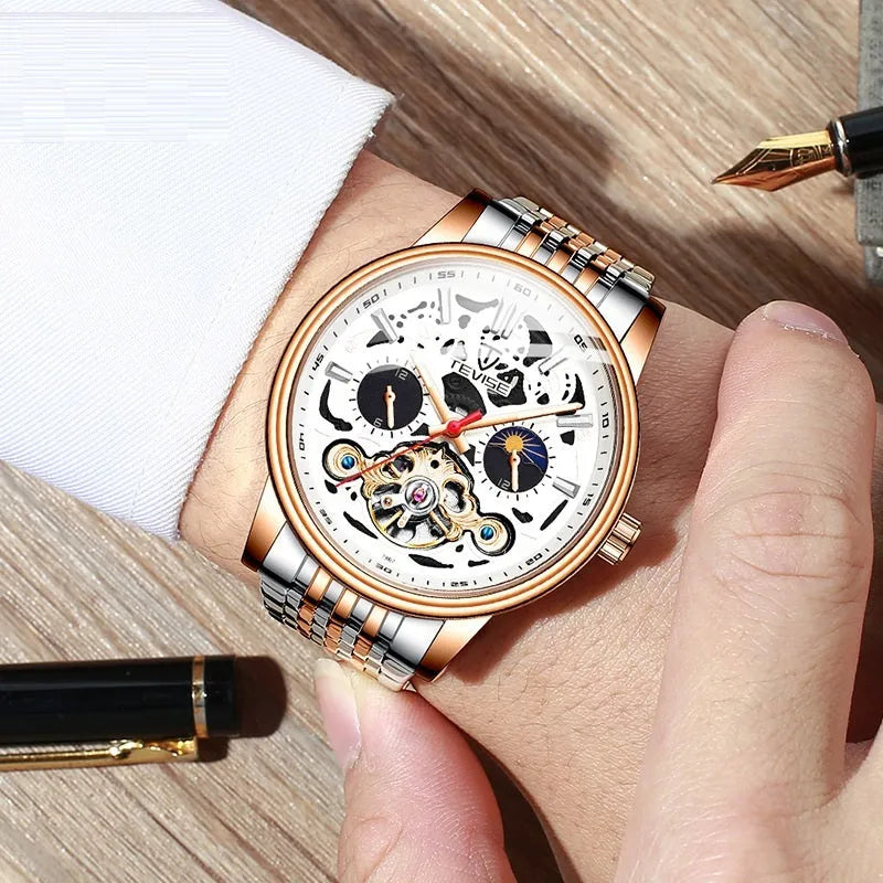 Men's tourbillon mechanical watch with luminous hands on a black dial, showing a 16.5mm thick case.