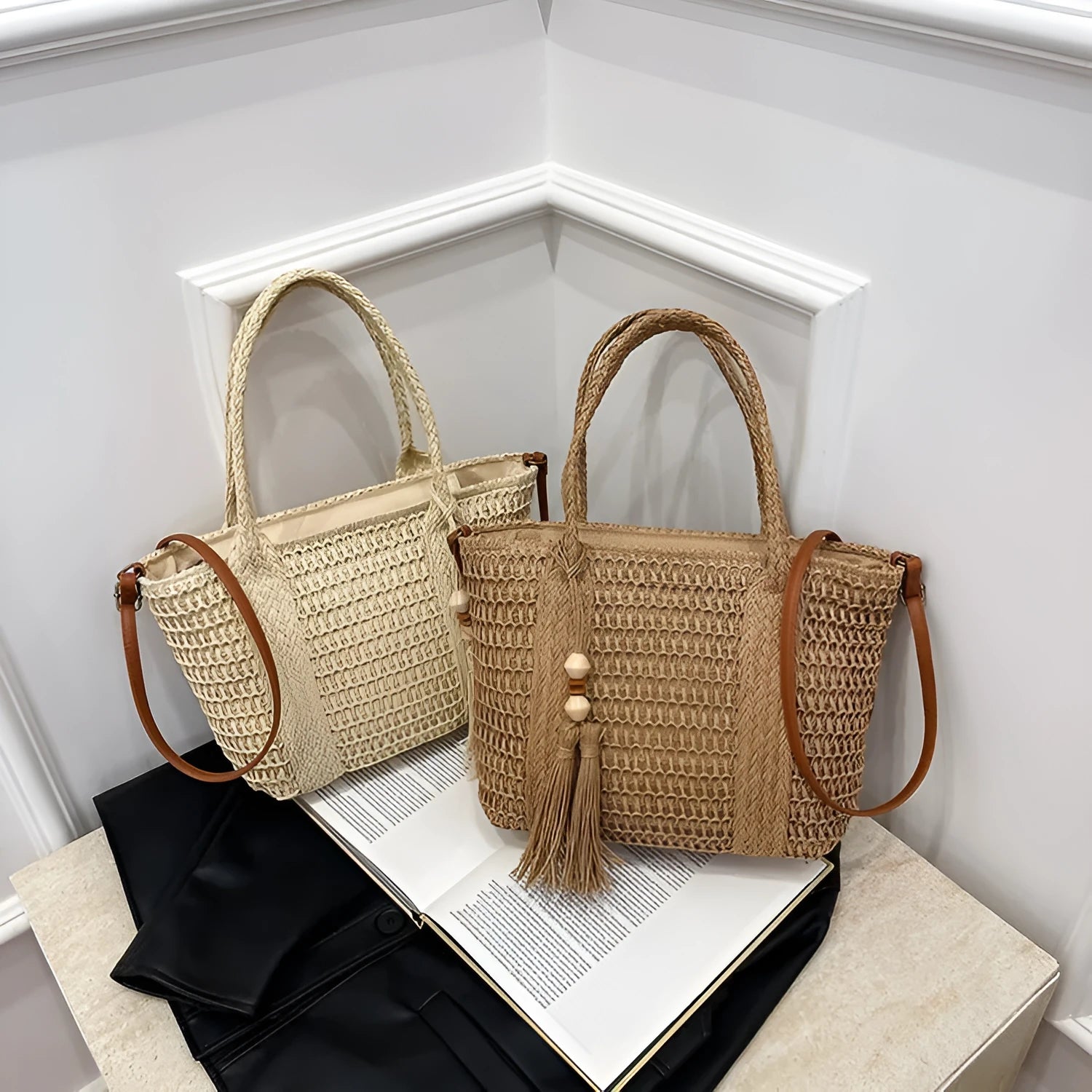 Women's woven straw crossbody shoulder bag in milky white with large capacity design