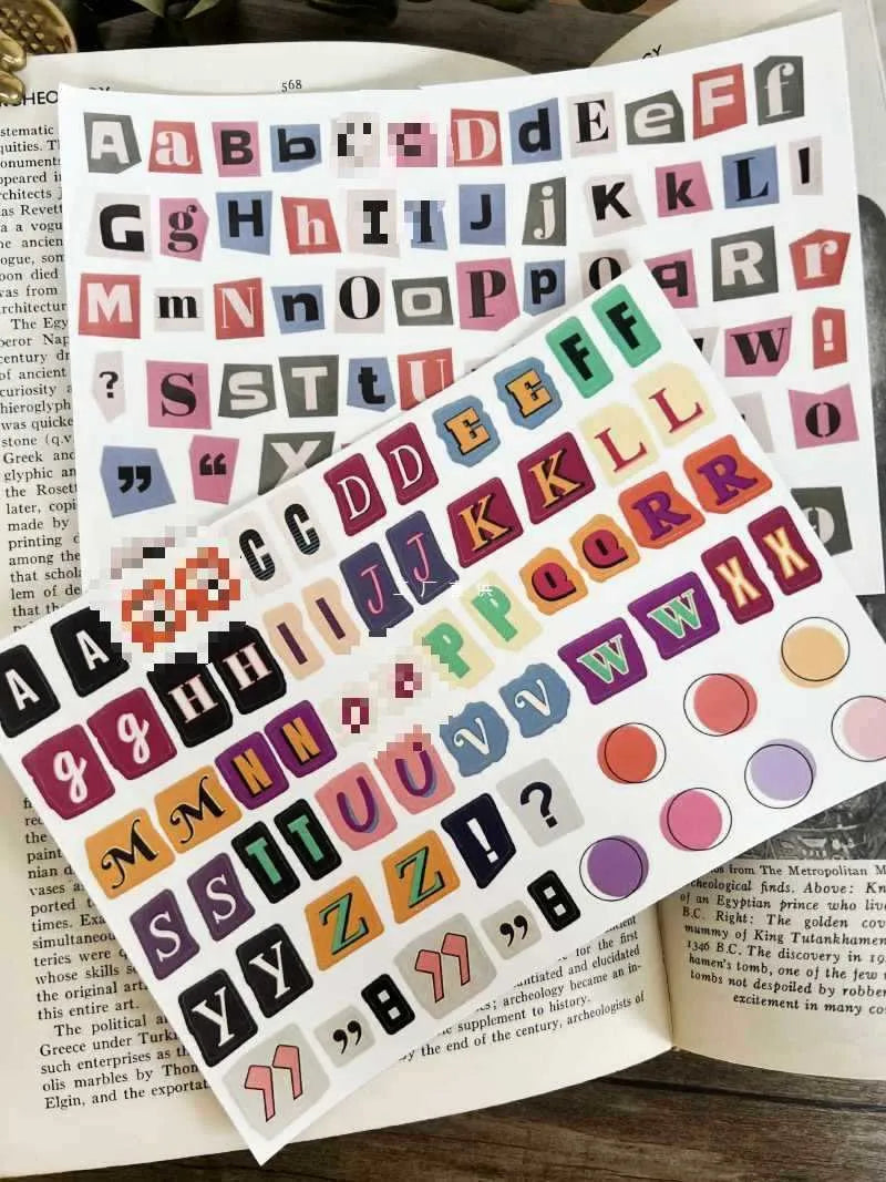 English letters and numbers symbol label sticker sheet with alphabet sets and week words in cute printed design
