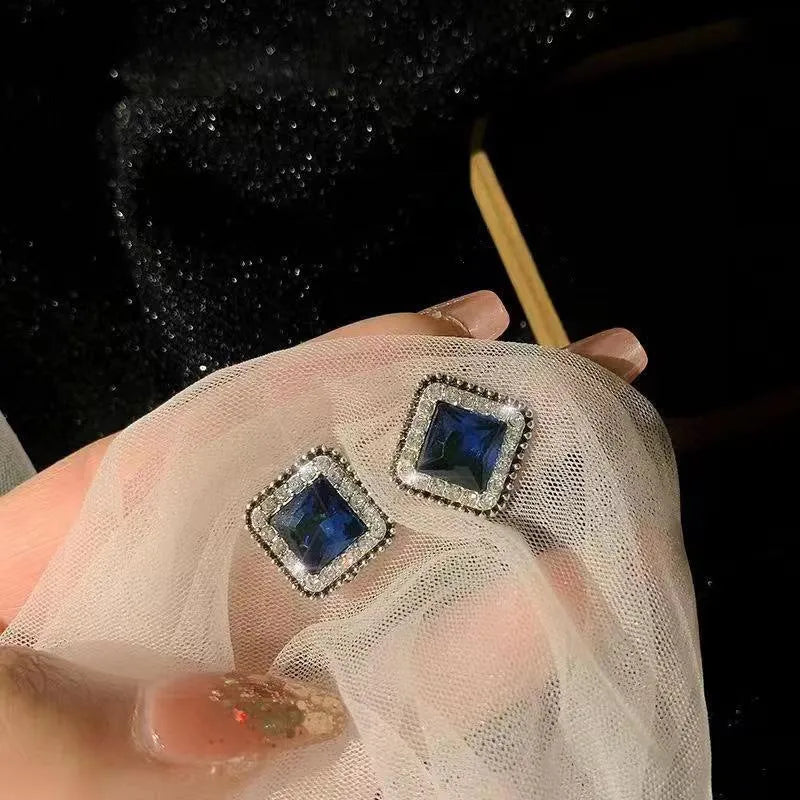 Blue square diamond inlay earrings for women, geometric zinc alloy design, sweet and cool style