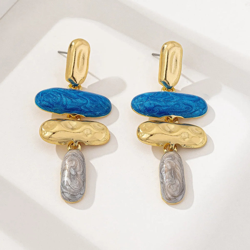 Geometric zinc alloy stud earrings with electroplated finish in multiple colours