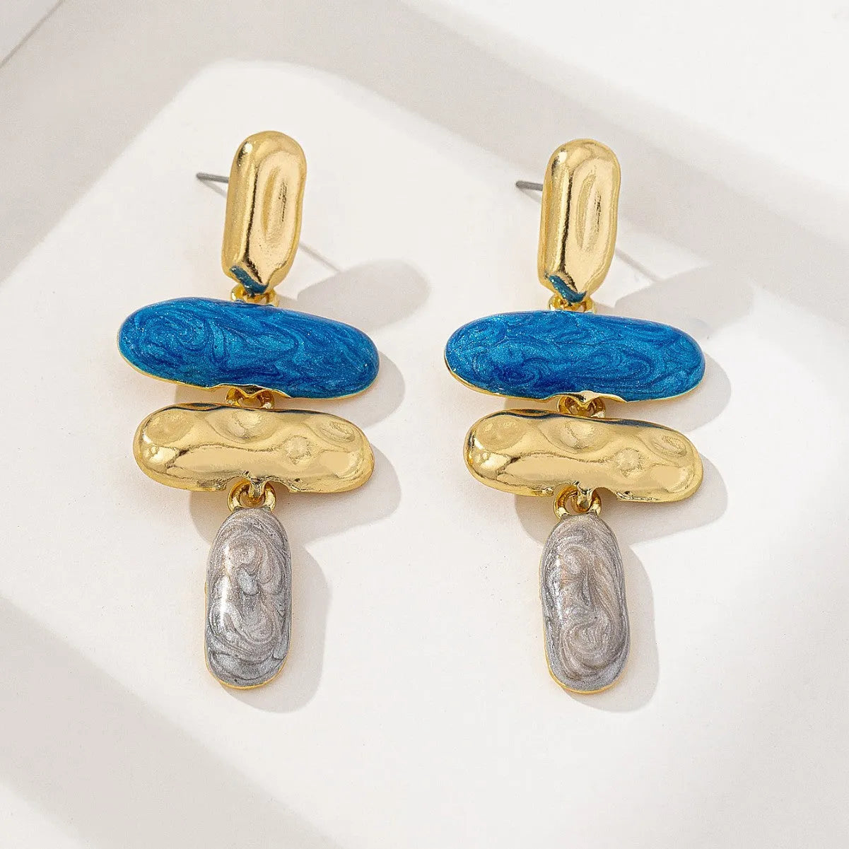 Geometric zinc alloy stud earrings with electroplated finish in multiple colours