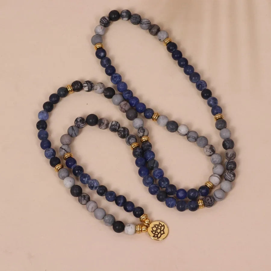 Blue patterned network stone bead multi layer bracelet with alloy construction