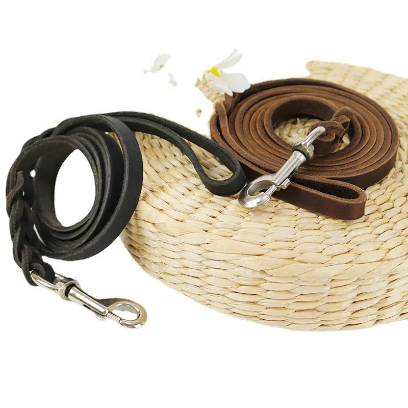 Thickened cowhide leather dog walking rope in light brown or black, shown in various lengths.