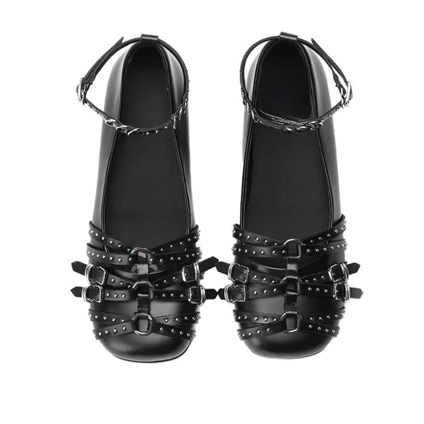 Women's black genuine leather square toe pumps with a low heel and buckle fastening.