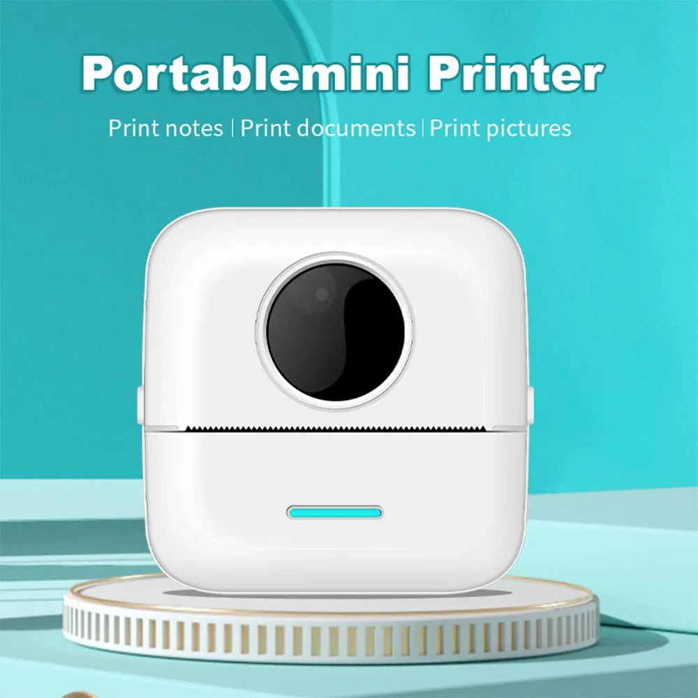 Mini pocket thermal printer with USB charging cable and one roll of thermal paper