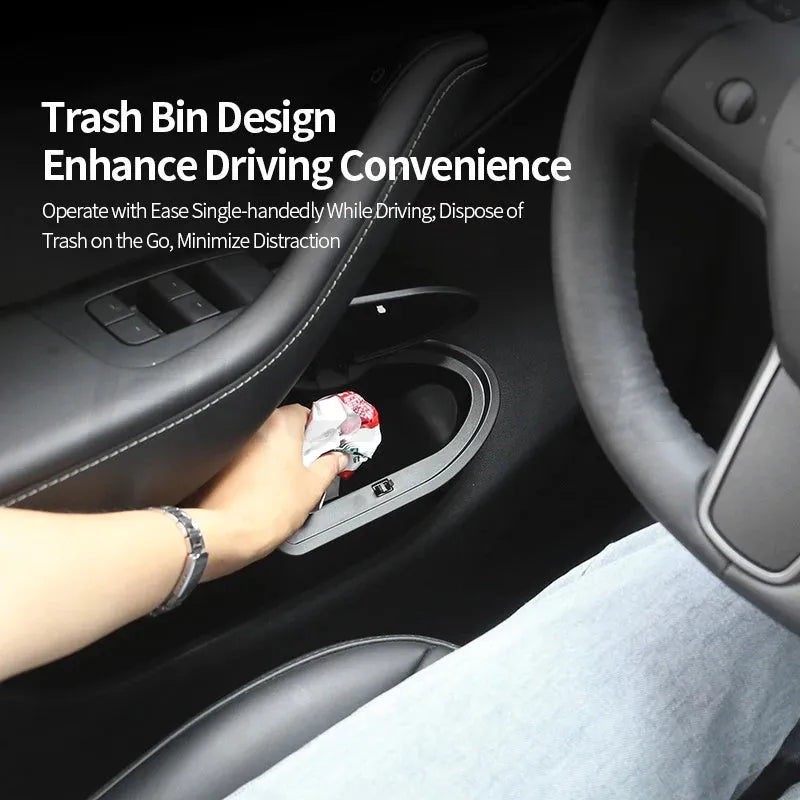 Two black plastic car trash cans designed for Tesla Model Y door pockets.