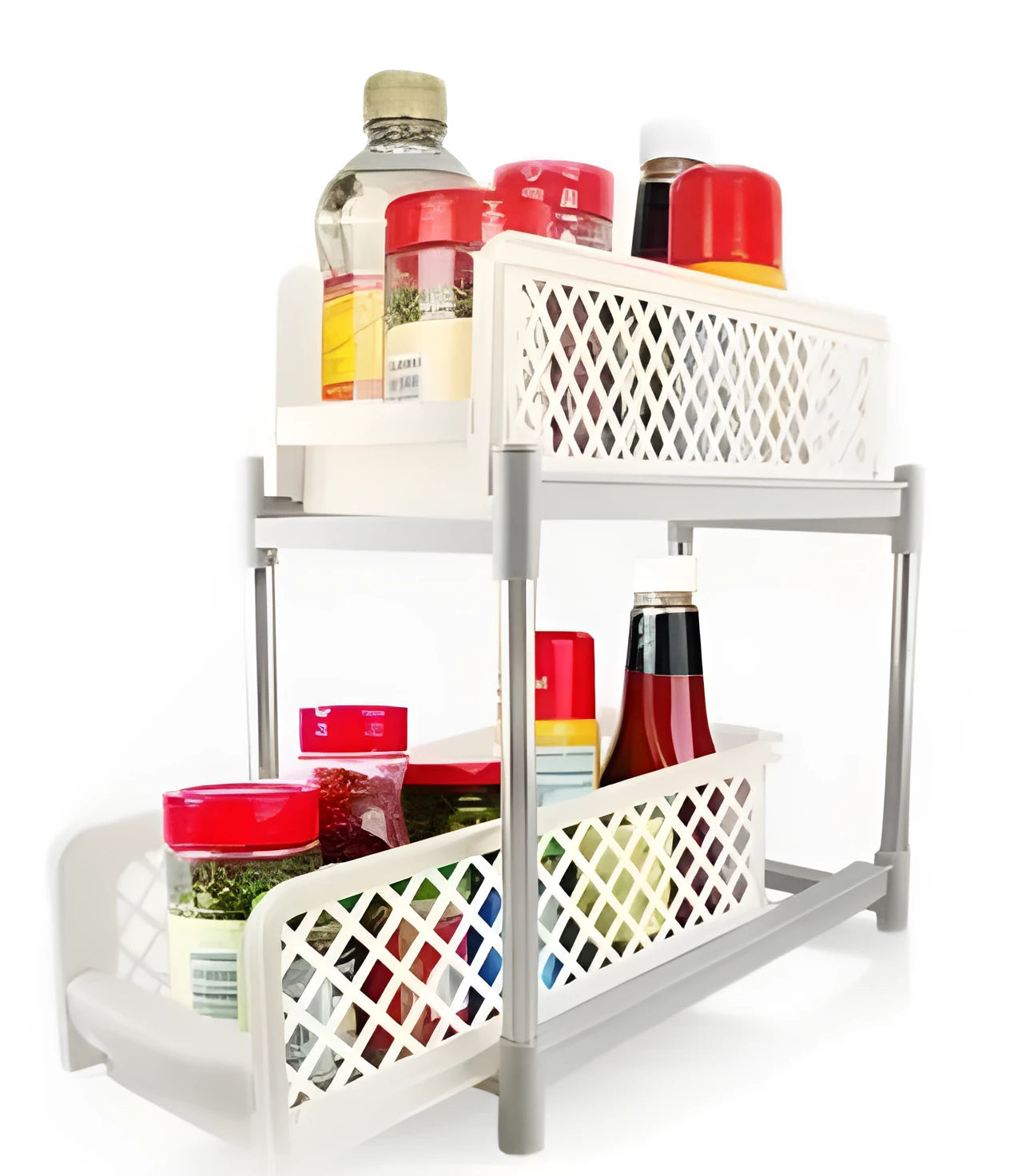 White plastic two-tier desktop storage rack 41.5x19.3x9.3cm on countertop with toiletries