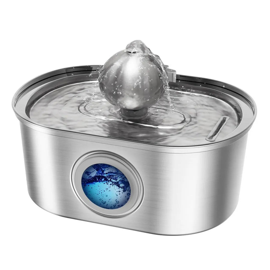 Stainless steel round pet water dispenser with large reservoir and selectable faucet attachment
