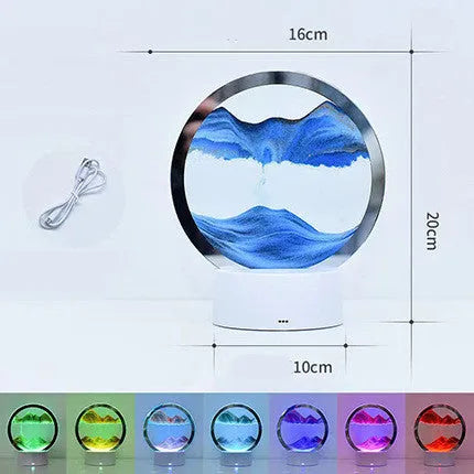Creative 3D quicksand table lamp with glass shade and USB power cord on a nightstand.