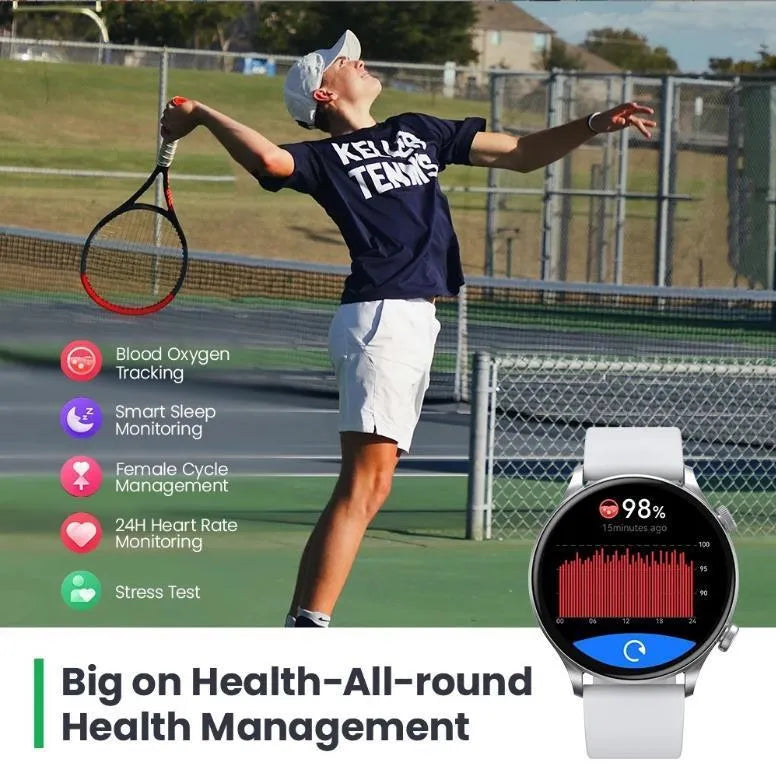Black Bluetooth smartwatch with circular AMOLED display showing fitness stats