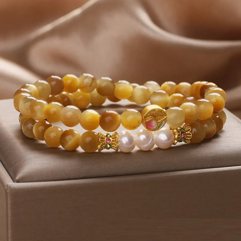 Natural gold tigereye double ring Hetian jade bracelet for women with yellow electroplated flower shape