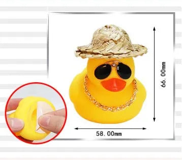 Yellow cartoon duck car ornament wearing straw hat with adhesive base and sunglasses necklace accessory