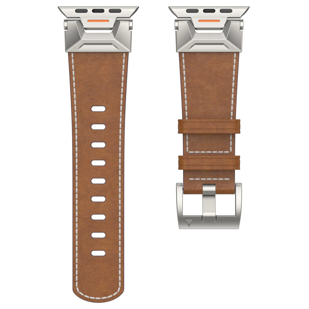 Business style belt watch band for Apple Watch 42-49mm, Black Napa leather strap on a wooden surface