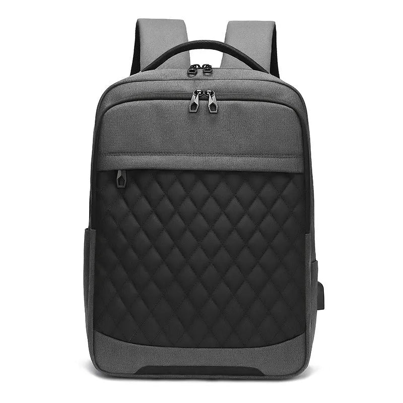 Men's solid colour Oxford cloth travel backpack with curved straps and diamond mesh detail, shown in grey.