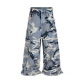 Snow camouflage blue jeans with camouflage pattern in loose fit stretch denim