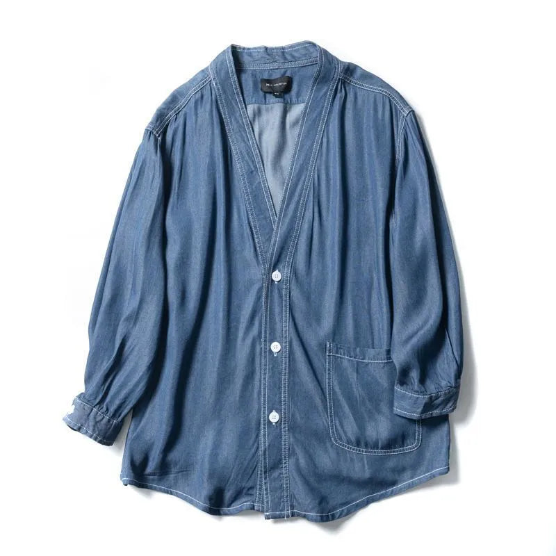 Men's dark blue casual coat with three-quarter sleeves and V-neck collar