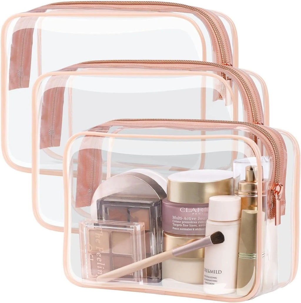Set of three semi-transparent PVC makeup bags in black, pink, and white colours with handles