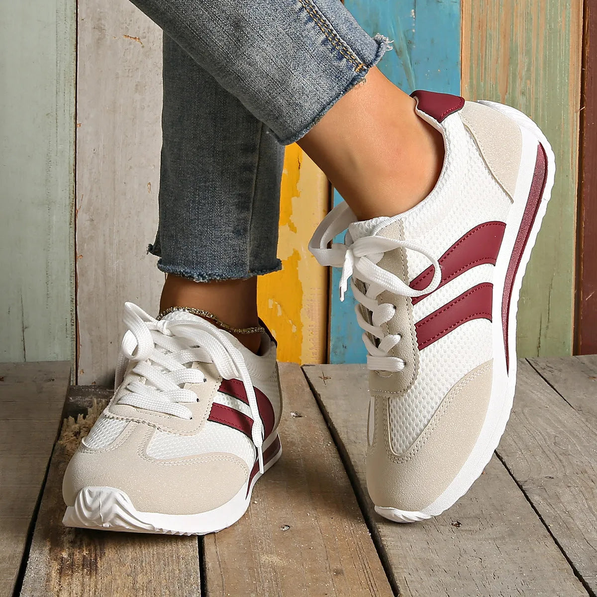 Wine red Cortez Retro style sneakers with breathable mesh and cross-strap design