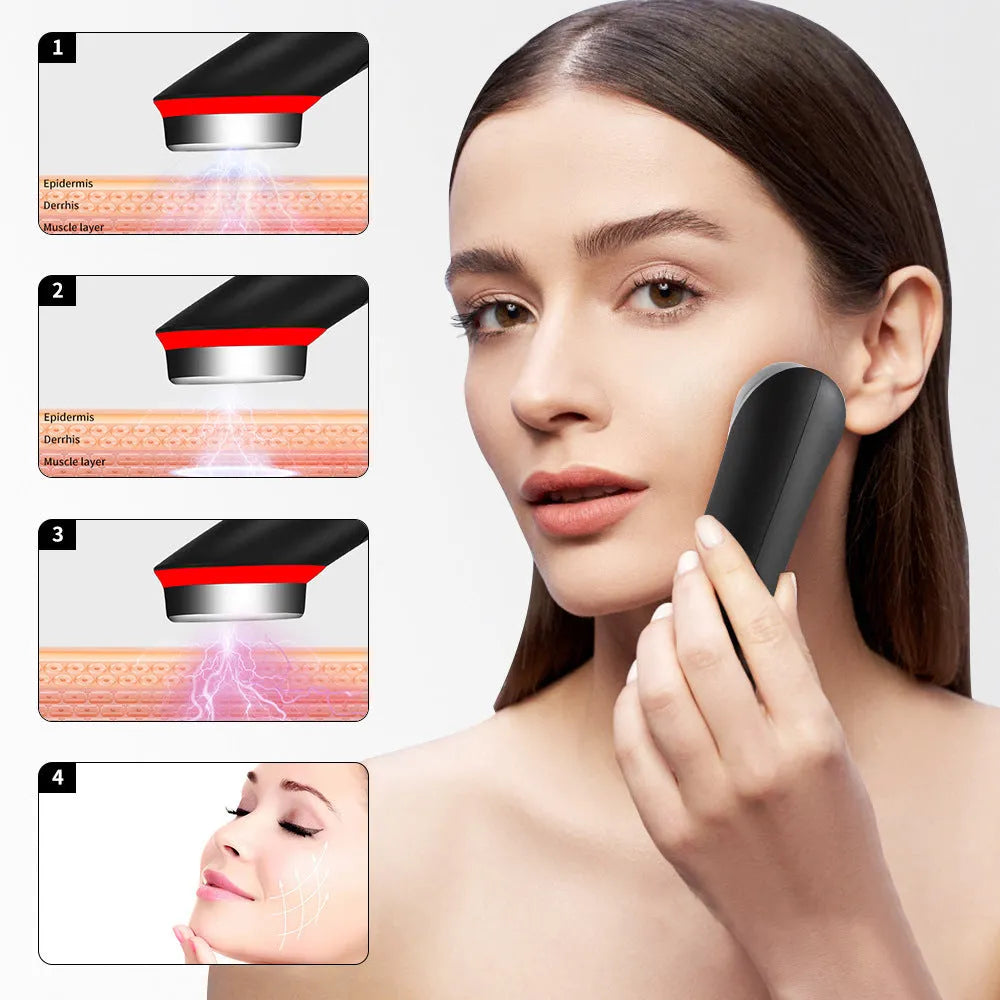 Black eye massager with 7 colour LED lights including red and blue therapy modes
