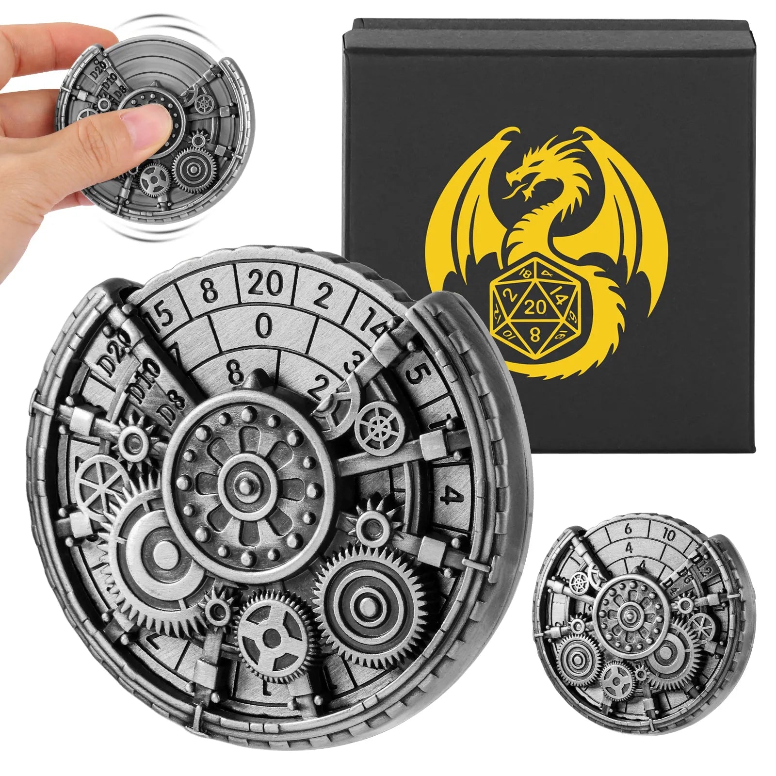 Retro fingertip gyroscope dice set with zinc alloy wheel in bronze and dark silver colours