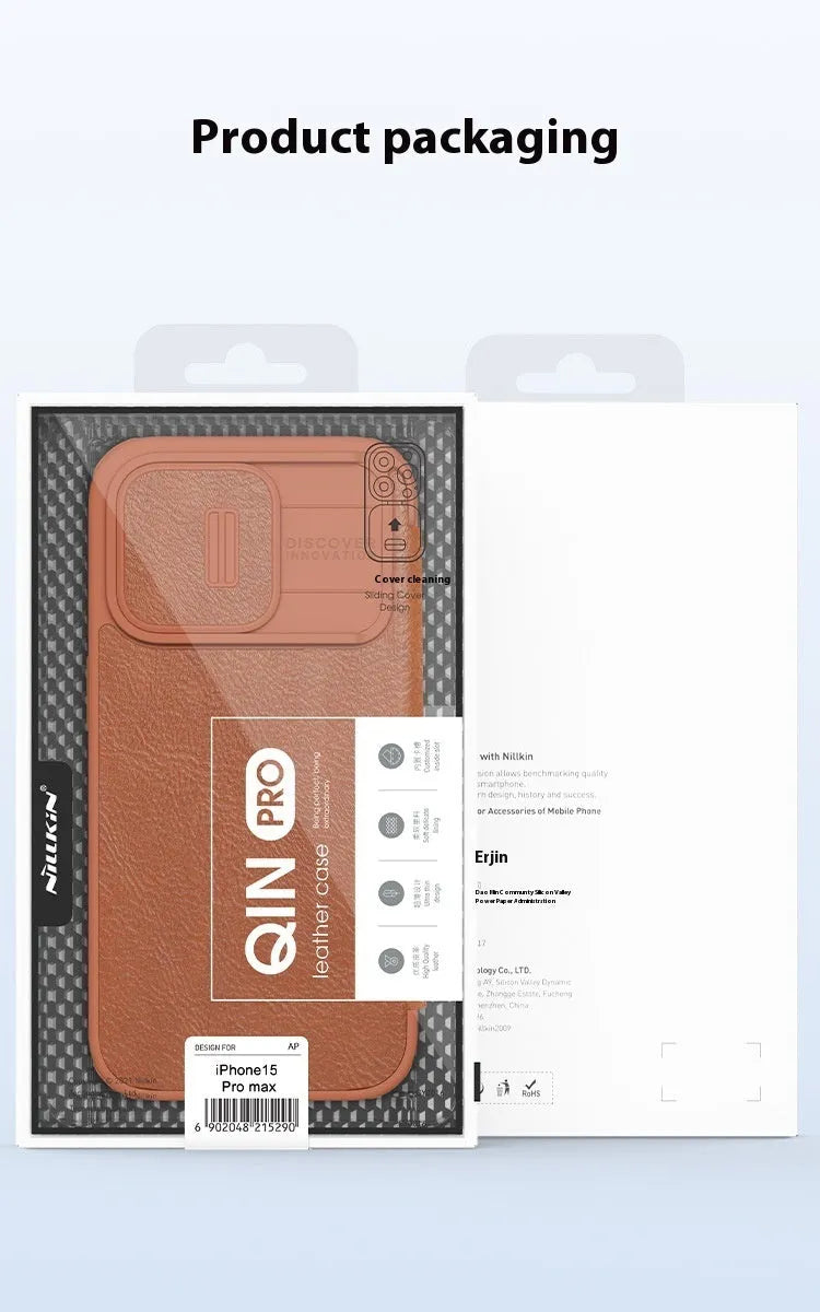 iPhone 15 imitation leather flip case in black, brown, and red colour options showing front cover design