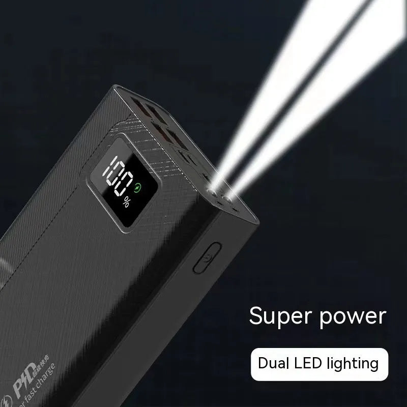 Black and white large capacity power bank showing front view with dimensions 150mm by 76mm