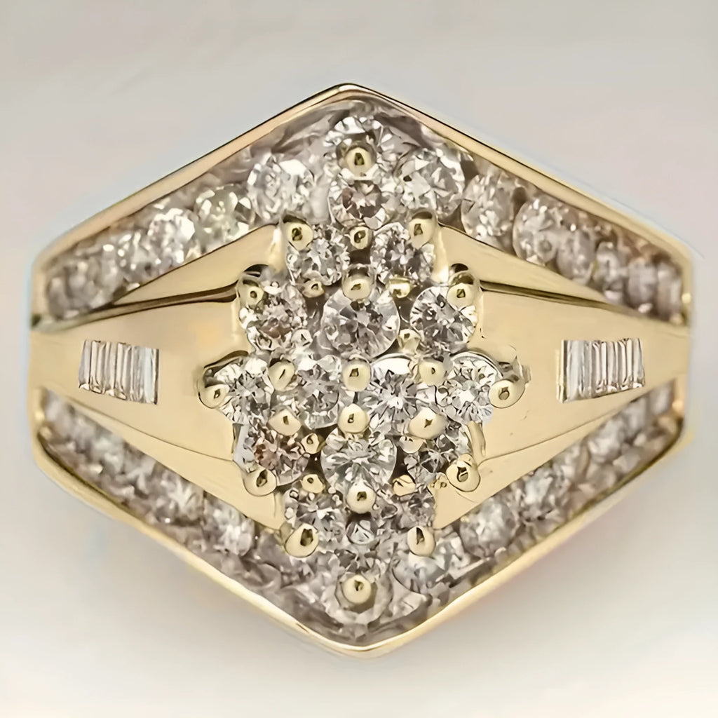 Gold electroplated copper heavy industry ring with geometric palace style design