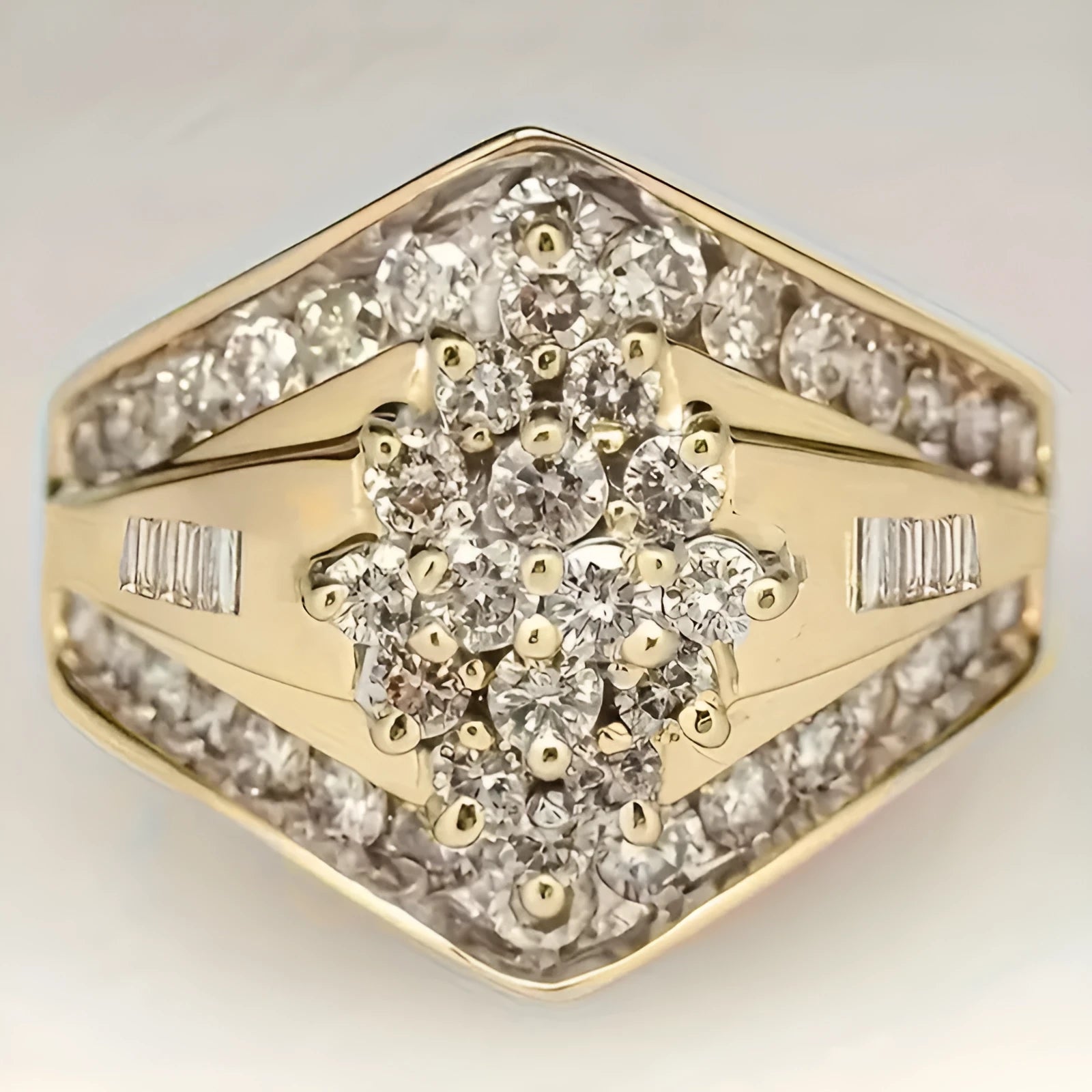 Gold electroplated copper heavy industry ring with geometric palace style design