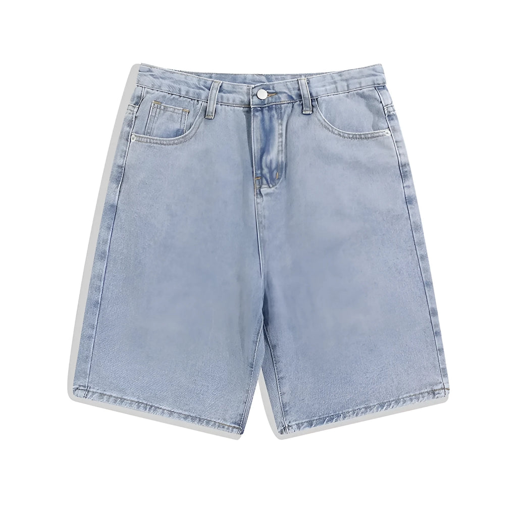 Men's straight-leg denim shorts in light blue on a mid waist, featuring a five-point cut and zip fly.