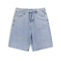 Men's straight-leg denim shorts in light blue on a mid waist, featuring a five-point cut and zip fly.