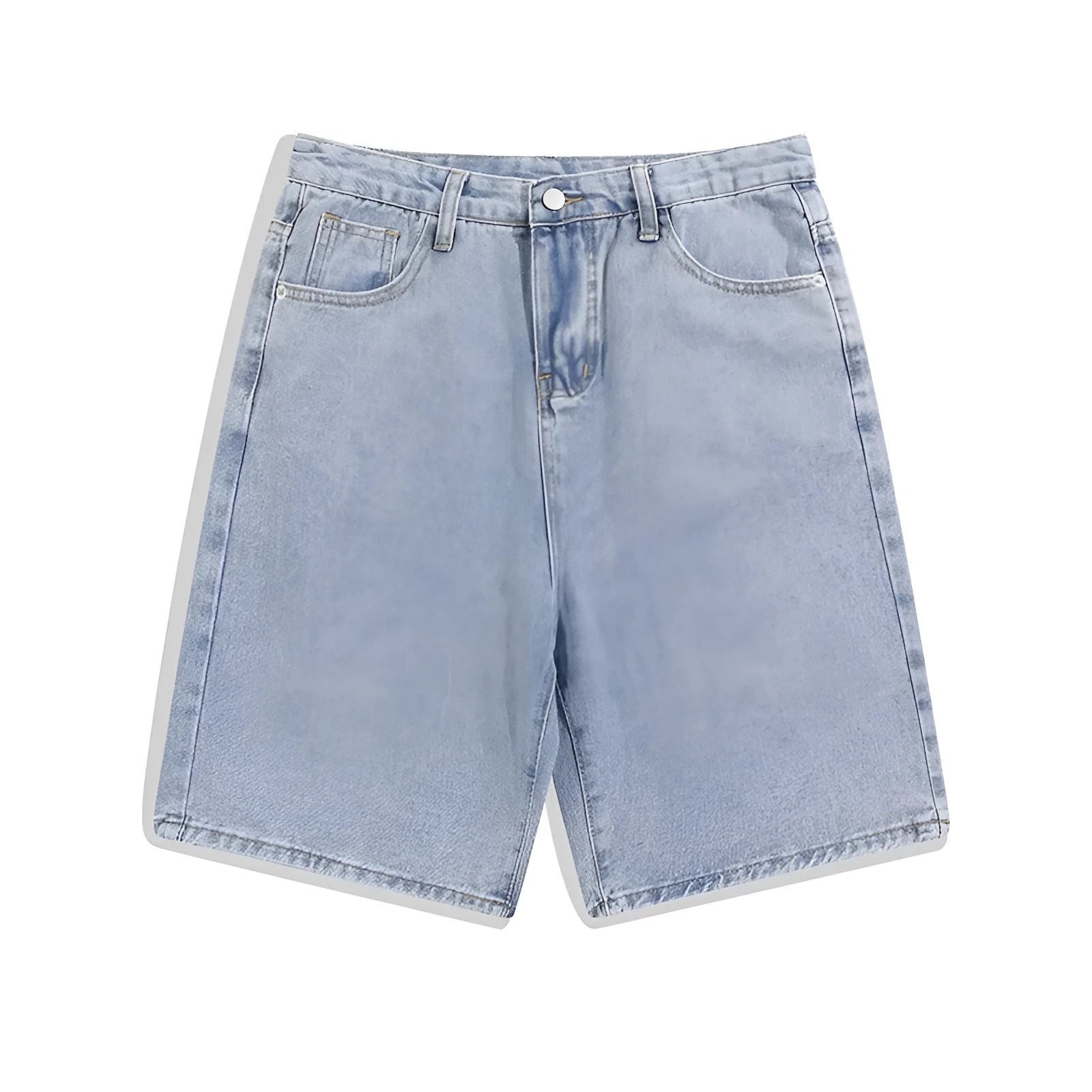 Men's straight-leg denim shorts in light blue on a mid waist, featuring a five-point cut and zip fly.