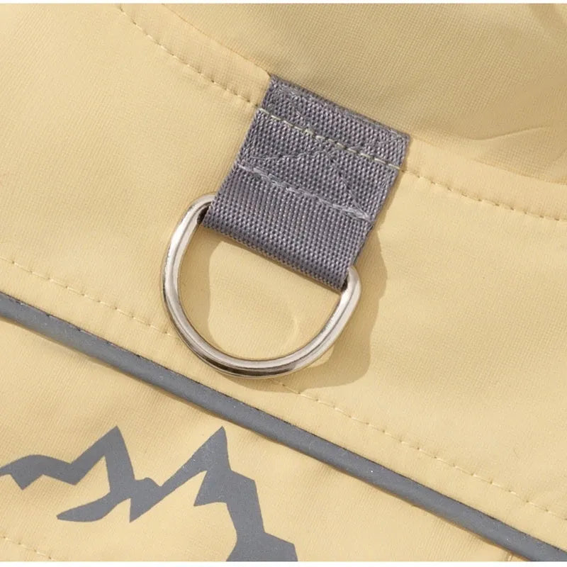 Dog windbreaker in sunny yellow-blue colour block, windproof two-legged cotton coat with tall collar and D-ring on a small dog